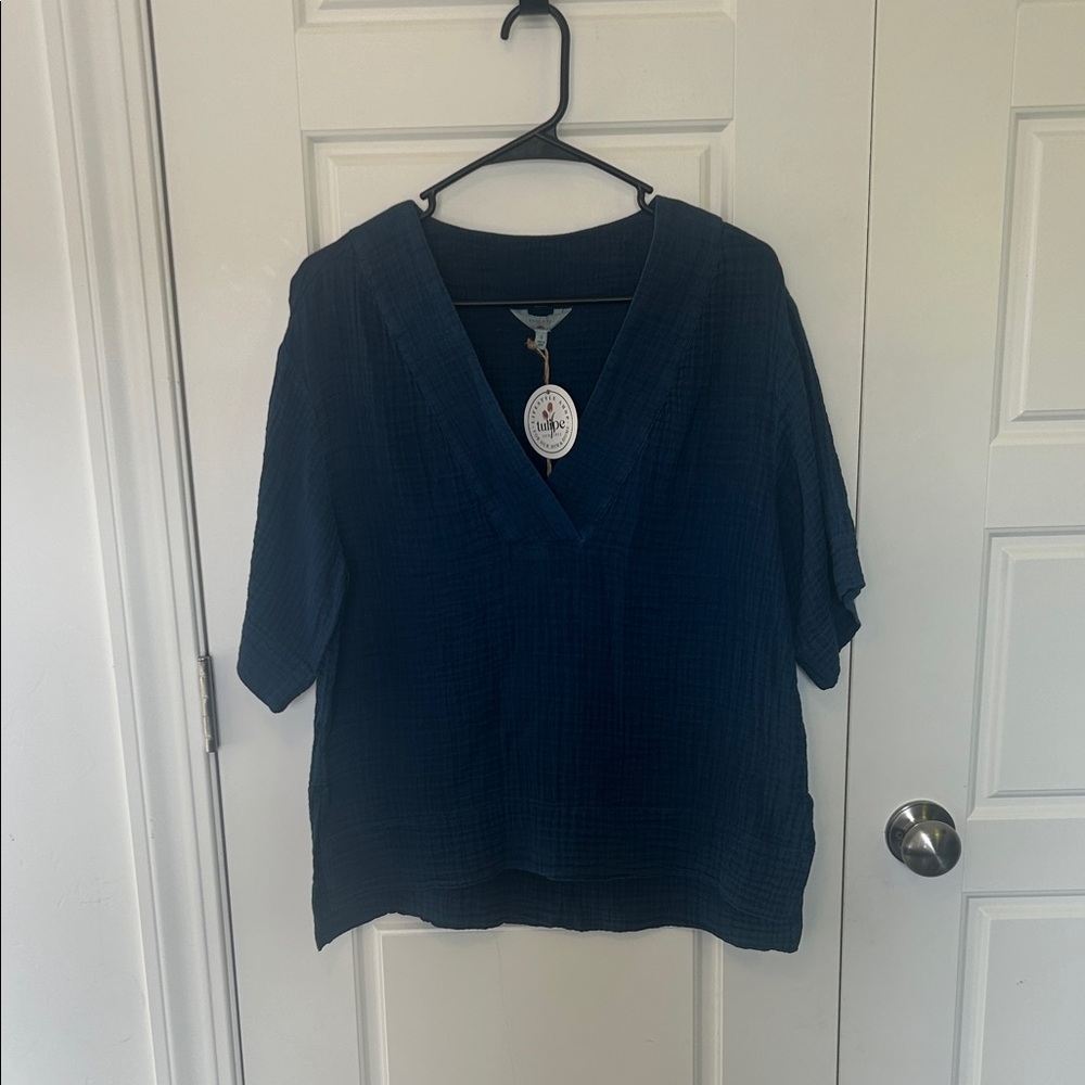 Faherty Navy V-Neck Blouse